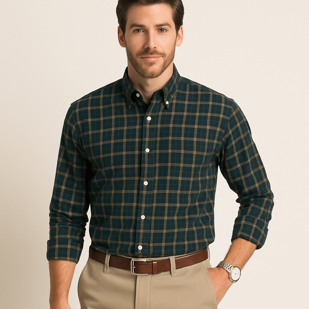 IZOD Sueded Poplin Plaid‎ Button Down Shirt XL Green Beige NWT